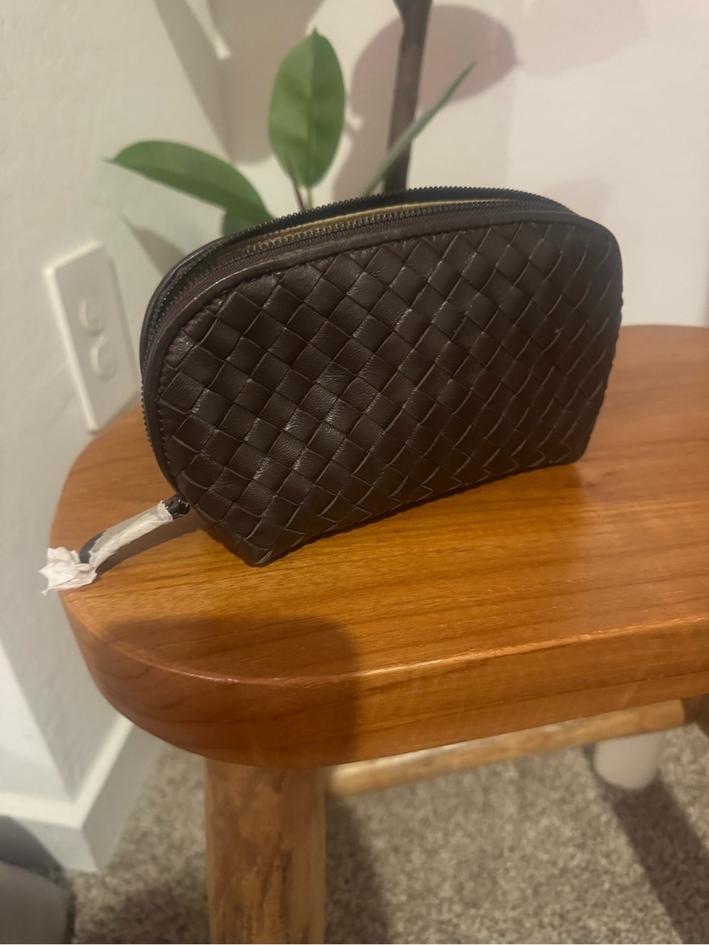 Woven Leather Cosmetic Pouch - Dark Brown